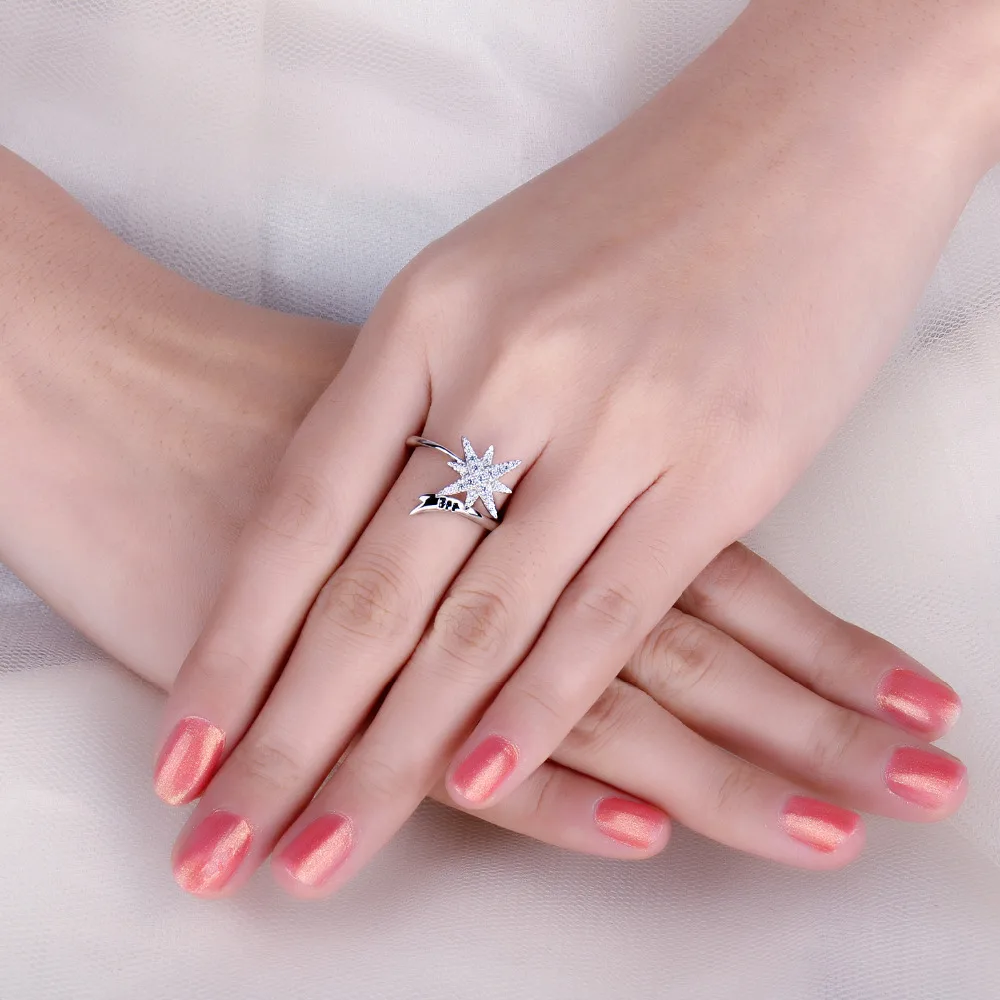 JewelryPalace Engraved BFF Snowflake Meteor Pave Cubic Zirconia Shooting Star Adjustable Open Ring 925 Sterling Silver Jewelry