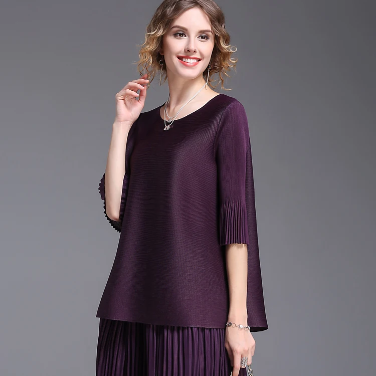 Changpleat Свободная Женская футболка Miyak плиссированные Дизайнерские однотонные футболки с круглым вырезом и бантом сзади, черные, серые женские футболки больших размеров