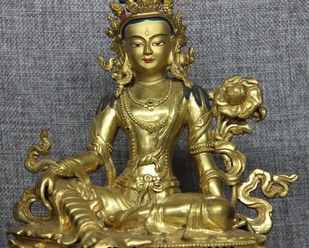 Тибетская Чистая медь и бронза 24 K золото зеленый Tara Kwan yin статуя Будды