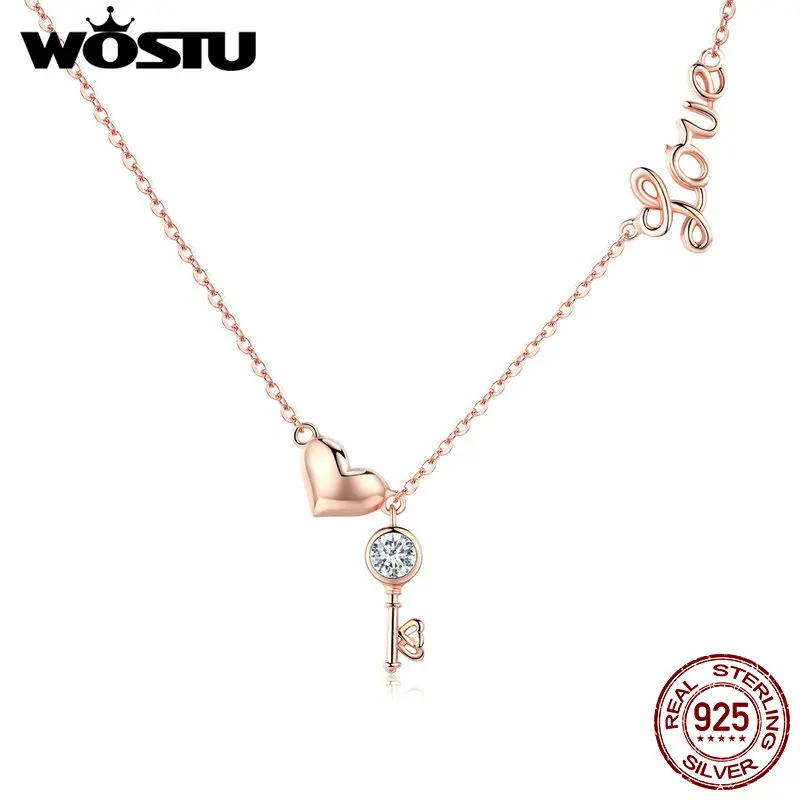 WOSTU, Новое поступление, 925 пробы, серебряное и золотое ожерелье с подвеской в виде ключа сердца для женщин, жены, оригинальное ювелирное изделие, подарок FIN292