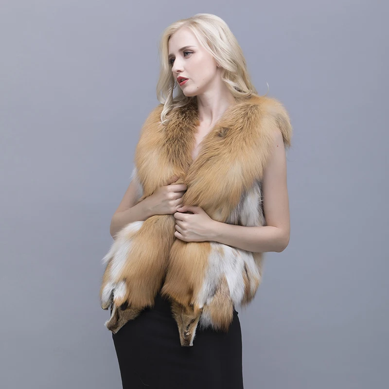 QIUSIDUN Natural Red Fox Fur Vest V Collar 50 Cm Coat Winter Warm Fashion Large Size Woman's Pure Natural Full Pelt Vests Solid