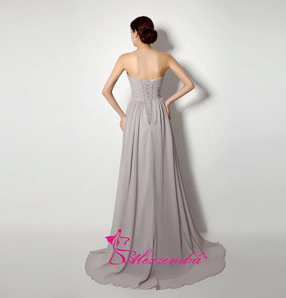 Alexzendra без бретелек ТРАПЕЦИЕВИДНОЕ шифоновое длинное серебряное платье подружки