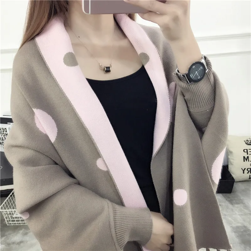 Женские шали в горошек на осень и зиму длинный вязаный кардиган свитер женское