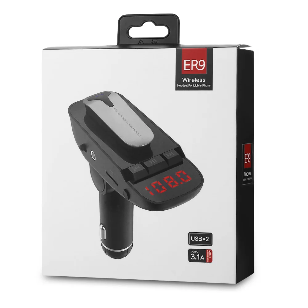 ER9 Car Bluetooth Wireless Headset MP3 Player FM Transmitter Hands-free Call with 2 USB Charging Ports Phone A2DP Function |