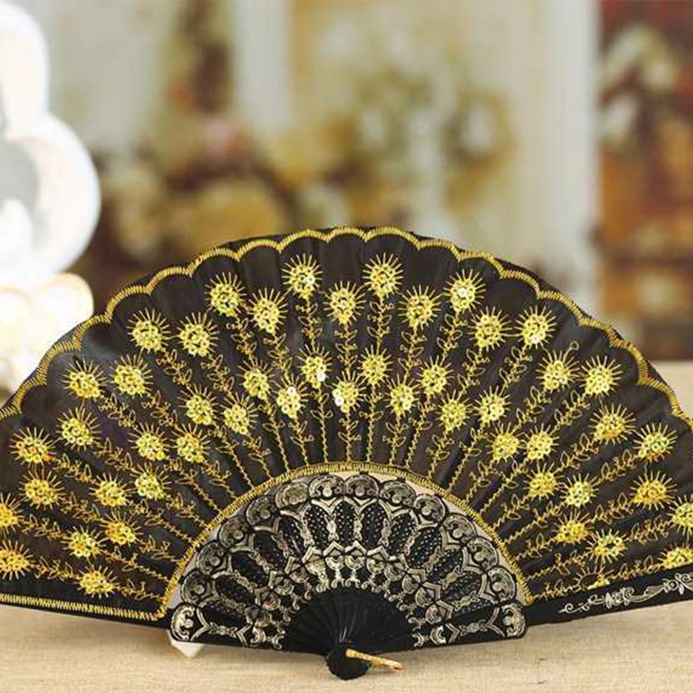 Women Glitter Fan Chic Golden Sequins Hand Fan Practical Lady Embroidered Foldable Fan Colorful