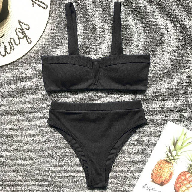 B646Black Винтажный женский ребристый купальник с высокой талией, бикини для женщин, треугольный бюстгальтер, купальник из двух частей, комплект бикини, Бразильские Купальники - Цвет: B646Black