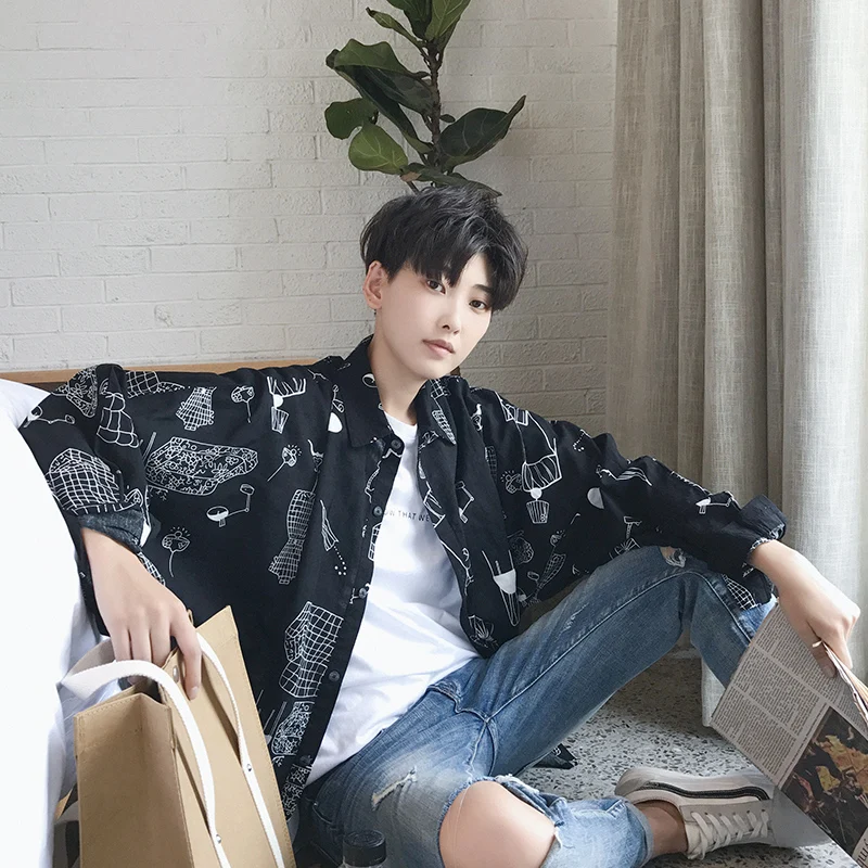 Ulzzang Harajuku мужские рубашки с длинными рукавами Мужская рубашка дышащая летняя ретро свободная тонкая мужская Студенческая Мода корейский стиль шик