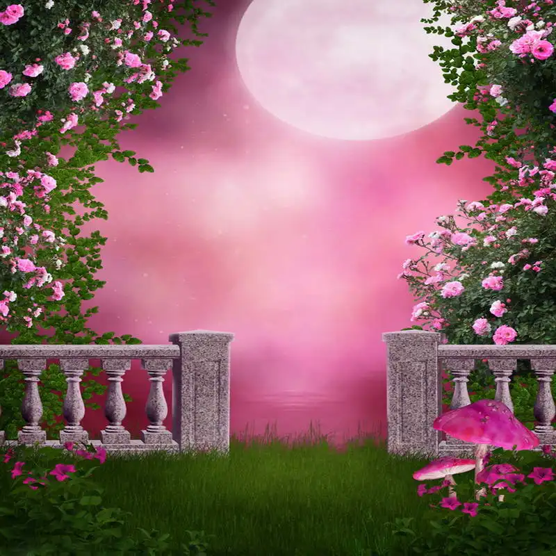 10x10FT ярко розовый небо Луна цветы ветка ворота Трава Сад Гриб пользовательские