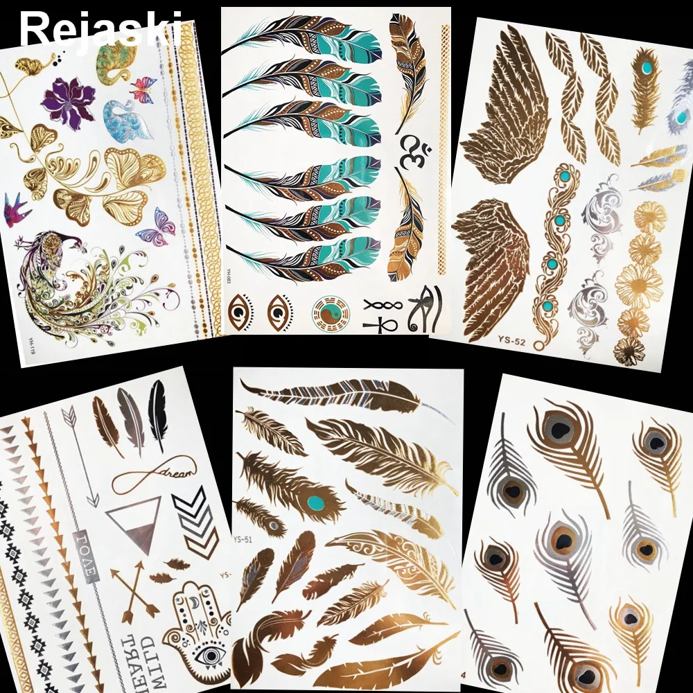 

Gold Metallic Feather Tribal Temporary Tattoo Stickers Girl Clavicle Party Water Transfer Tattoo Women Arm Flash Tatoos Prom Eye