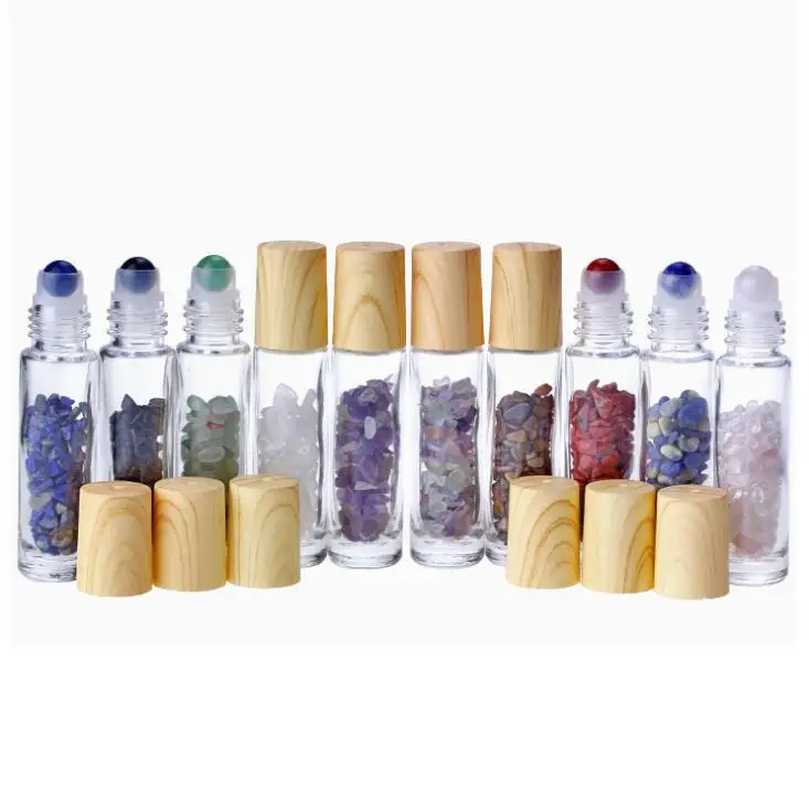 

10 мл прозрачное стекло рулон на флаконах духов с дробленым натуральным кристаллом кварцевого камня, Хрустальный роликовый шар, деревянная ...