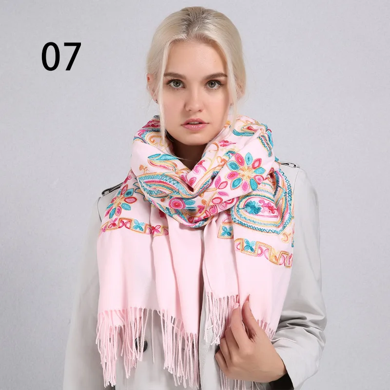07 Pink Sparsil, Женский кашемировый шарф с вышивкой, Осень-зима, Цветочный, с кисточками, 200*70 см, Пашмина, шаль с цветами, женские шарфы, мусульманские шарфы - Цвет: 07 Pink