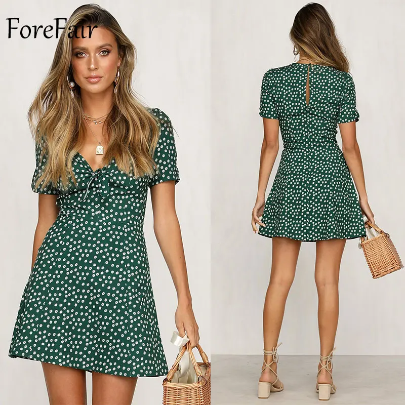 Forefair, ретро богемное пляжное платье, женское, летнее, сексуальное, ТРАПЕЦИЕВИДНОЕ, короткий рукав, v-образный вырез, элегантное, Узелок, завязывается, мини, вечерние, с цветочным рисунком