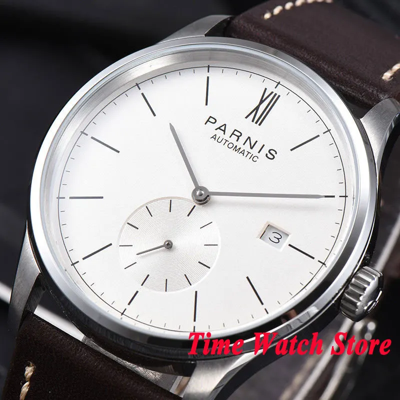 

Parnis men's watch concise style white dial silver hands DATE 42mm case 5ATM ST1731 Automatic wrist watch men 954