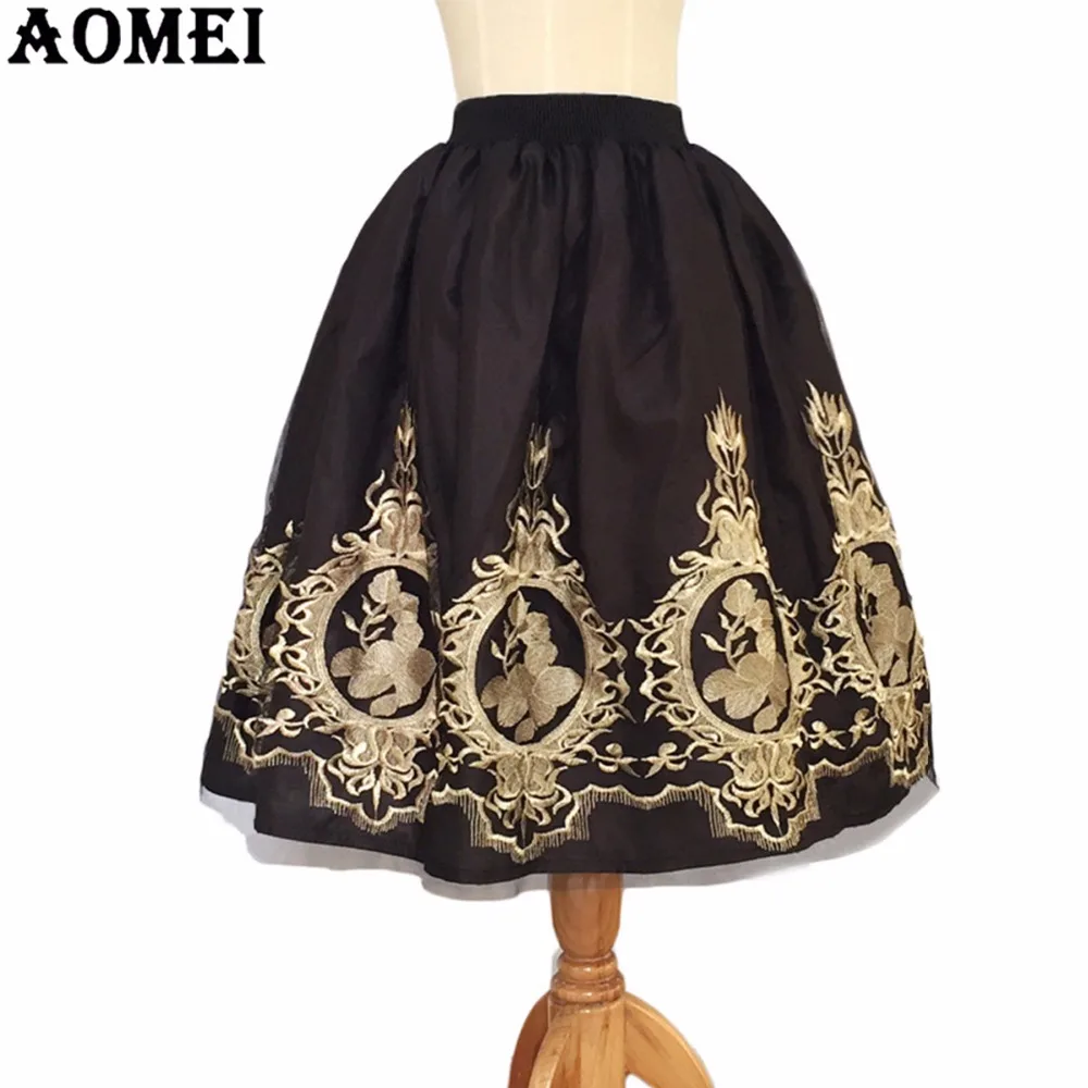 Женские Летние черные миди Тюлевая юбка с вышивкой цветок Faldas высокая Талия Тюль