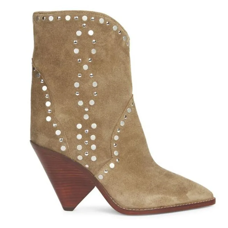 New Suede Leather Ankle Boots For Women Pointed Toe Spike Heels Cowboy Rivets Studded Slip On Shoes Botines Mujer | Обувь