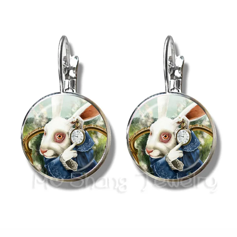 Женские сережки гвоздики с Чеширским котом Alice In Wonderland круглые стеклянные серьги