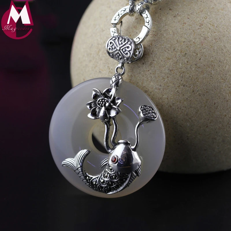 Женский винтажный кулон из серебра 100% пробы с белым нефритом|fine jewelry|jewelry necklace