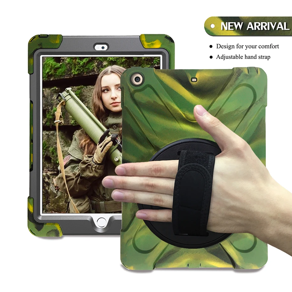 Pad2018 Camouflage 360 Вращающаяся подставка чехол для iPad 9,7 дюймов с ручным ремешком Броня защитный ударопрочный полный защитный чехол - Цвет: Pad2018 Camouflage