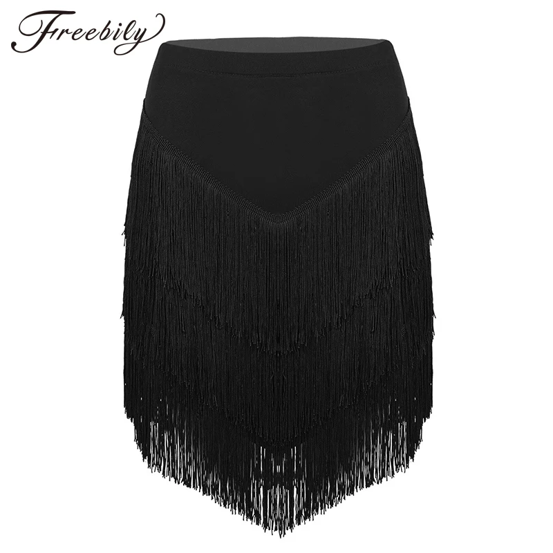 

New Women Elastic Waist Fringe Tassels Asymmetric Latin Dance Skirt Ladies Tango Rumba Ballroom Dancewear with Built-in Shorts