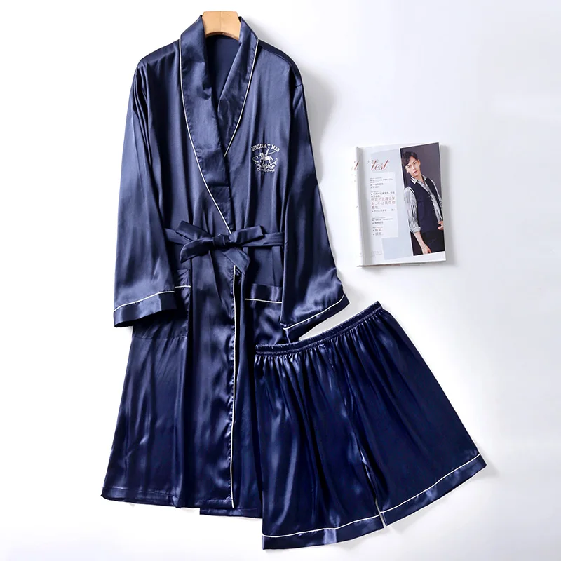 robe shorts set 5 Двухкомпонентная шелковая ночная рубашка, атласная Мужская одежда для сна, свободный шелковистый халат с длинным рукавом и длинными штанами, банный халат для мужчин - Цвет: robe shorts set 5