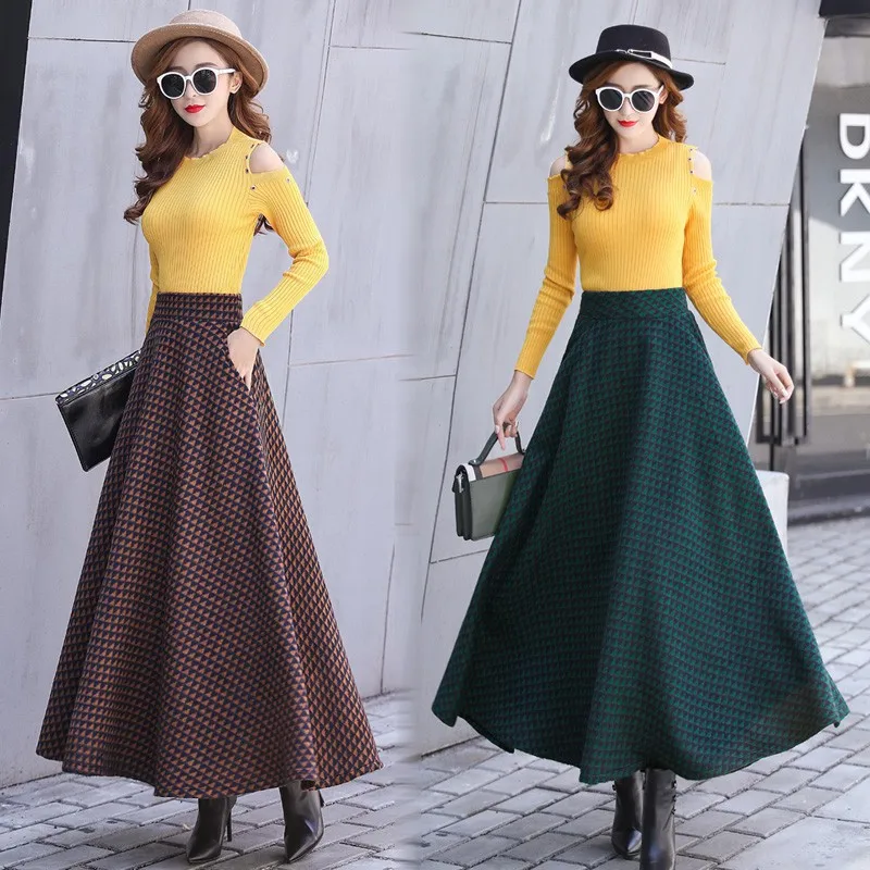 Клетчатая Шерстяная Юбка осенне-зимняя женская юбка с высокой талией длинная