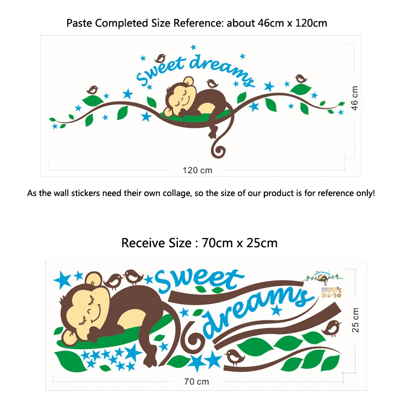 sweet dream cartoon monkey sleeps wall sticker for kids baby room home decor bedroom decals mural decorations animal stickers | Дом и сад