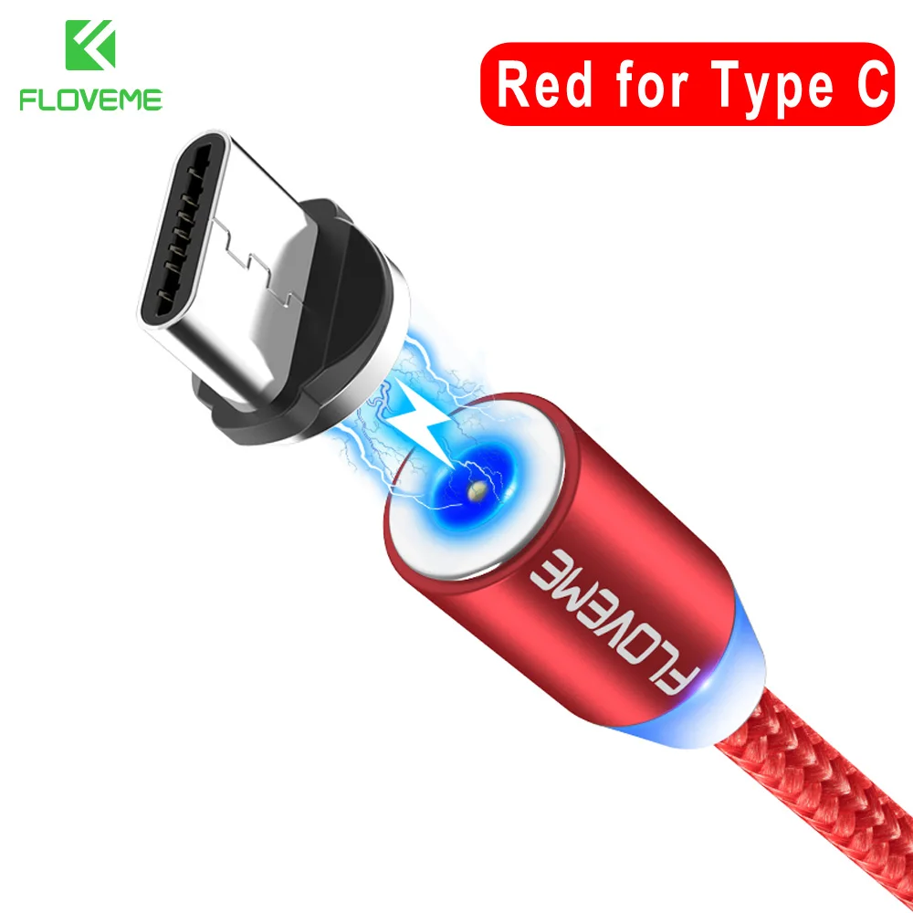 Red Type C FLOVEME 1 м/2 м светодиодный магнитный кабель, Micro USB кабель type C Магнитный зарядный кабель 2A Плетеный телефонный кабель для iPhone Xr Xs X samsung usb c - Цвет: Red Type C