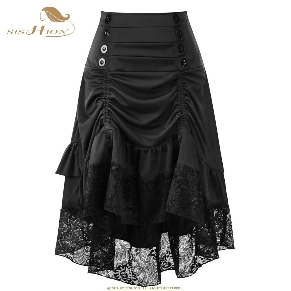 

SISHION Black Goth Skirt Short Front Lace Vintage Punk Steampunk Gothic High Waist Skirt VD1106 Wine Red Blue Midi Skirts Womens