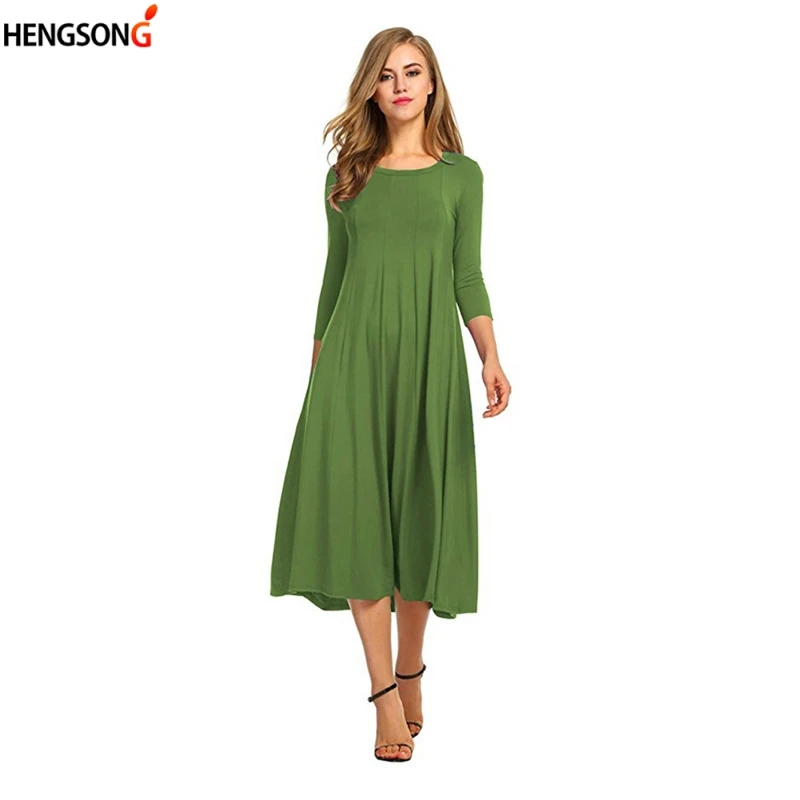 

Women Autumn Sexy Casual dress Fashion Elegant Solid Color O Neck Dress Vestidos Women Big Hem Pleated Party Dress