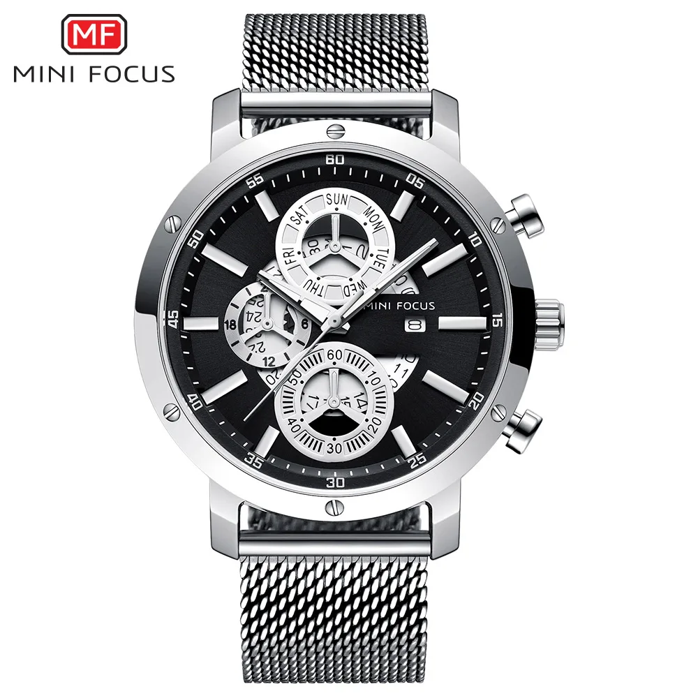 Silver Black MINIFOCUS полые мужские часы, серебряные светящиеся спортивные наручные часы, мужские роскошные брендовые деловые часы, мужские часы с календарем, relogio masculino - Цвет: Silver Black