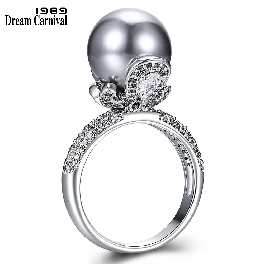 

DreamCarnival 1989 Brand New Elegant Wedding Ring for Women Grey Pearl Micro Cubic Zircon Paved Jewelry Party Must Have WA11530