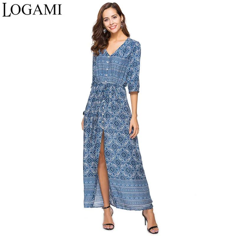 Женское шифоновое платье с длинным рукавом LOGAMI длинное пляжное принтом в стиле