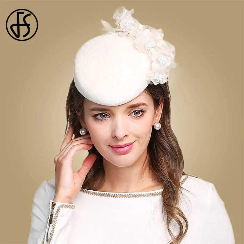 FS вуалетки для женщин Элегантные цветы белая свадебная шляпа шерсть фетр Pillbox Коктейльные шляпы леди Fedoras Дерби церковь Женская кепка