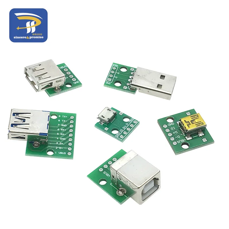 6 шт. USB Мужской разъем/Мини MICRO USB для DIP адаптер 2,54 мм 5pin Женский Разъем b Тип USB2.0 Женский PCB конвертер USB3.0