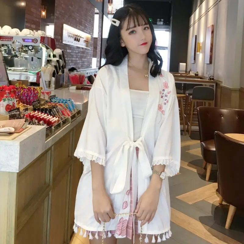 

Women Japanese Kimono Cardigan Yukata And Wind Kawaii Sweet Kimonos Mid Long Embroidery Riding Coat Students Casual Beachcoat