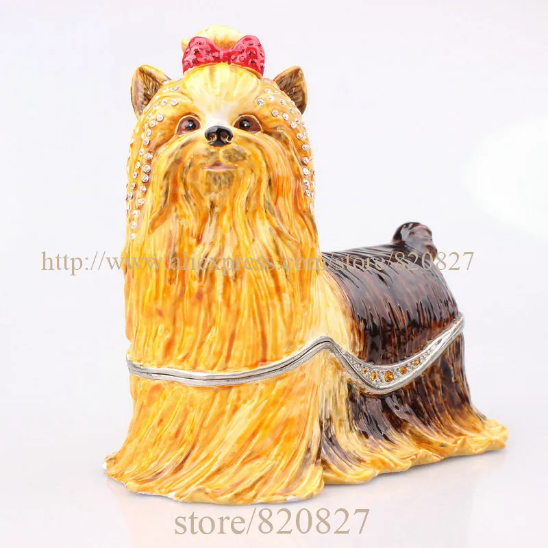 Metal Yorkshire Terrier Bejeweled Trinket Display Box Yorkshire Terrier Figurine Gift Box TrinketShape Jewelry Box Ornament