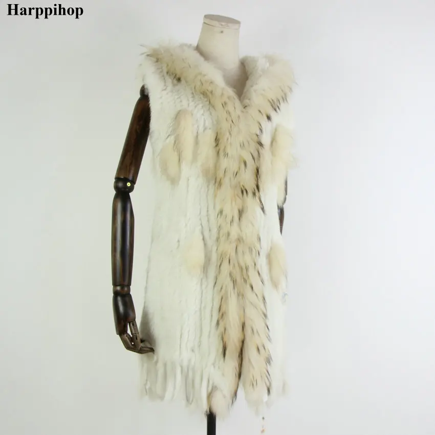 Harppihop* женский жилет из натурального кроличьего меха с капюшоном, модный воротник из меха енота, жилеты, теплый длинный жилет из натурального меха