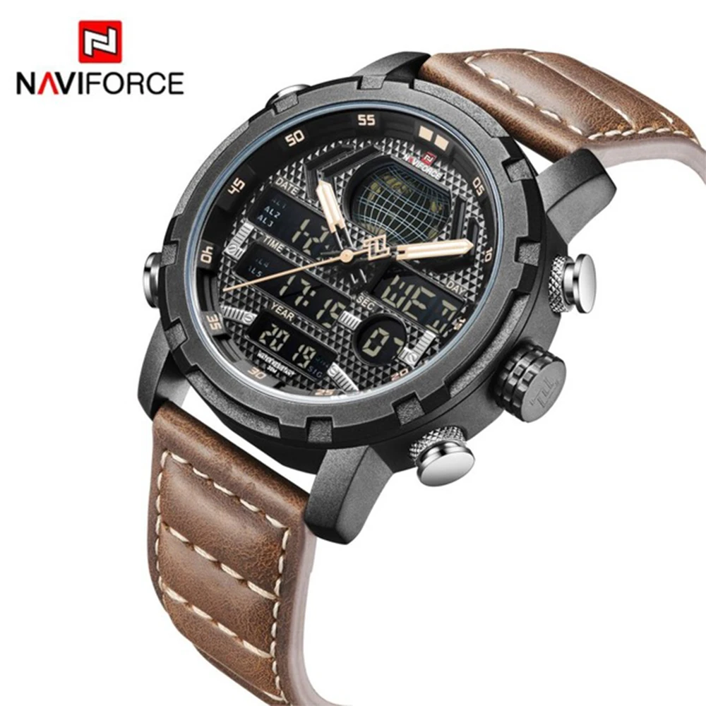 NAVIFORCE мужские s часы Топ бренд Роскошные спортивные часы для мужчин кожаный ремешок водонепроницаемый Miliary двойной дисплей наручные часы Прямая поставка