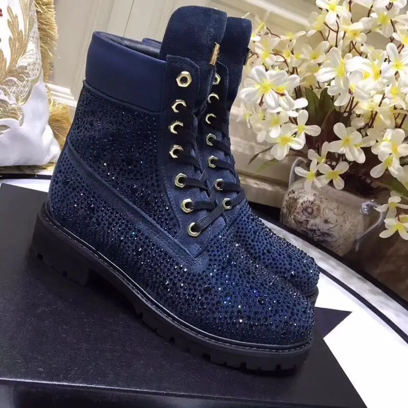 2018 Шикарные ботильоны для женщин Кристалл шипованных низкий каблук со стразами