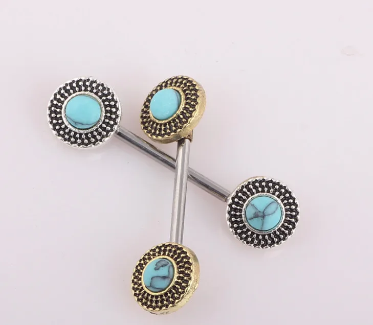 BN52005 10PCS Free Shipping women vintage industrial barbell multi functions blue stone cameo round disc nipple rings | Украшения и