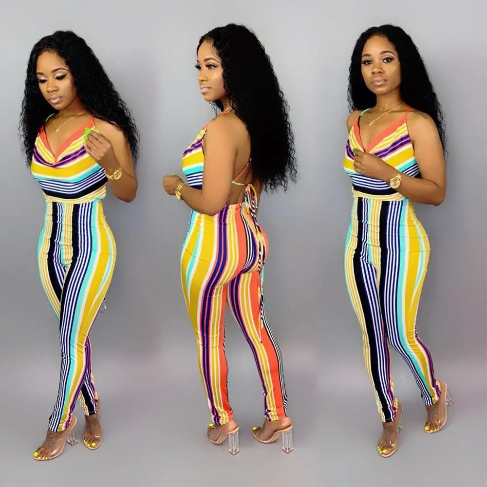 Женские повседневные длинные Комбинезоны с v образным вырезом цветные полосатые