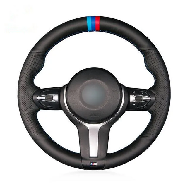 Чехол на руль Puou Tommia черный замшевый Синий Маркер для BMW F20 2012-2018 F45 2014-2018 F30 F31 F34