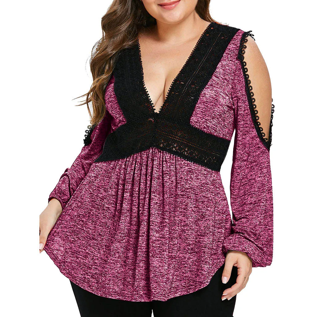 Camiseta feminina Женская Кружевная футболка с v образным вырезом большие размеры