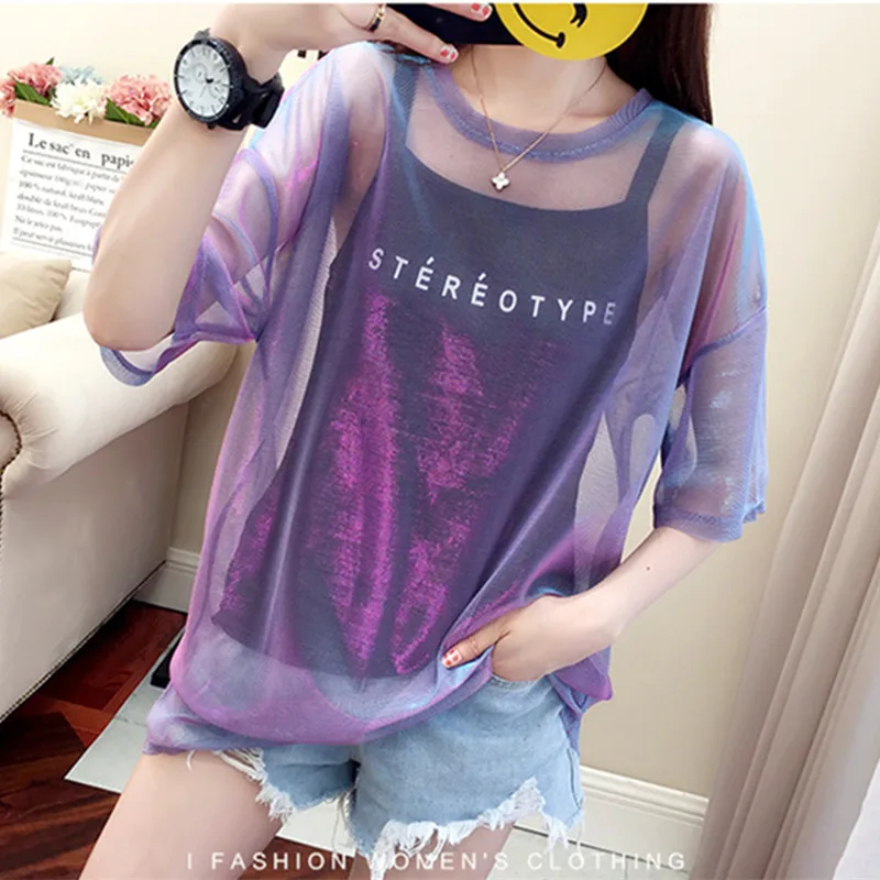 Новинка сексуальные сетчатые топы футболка Женская мода 2018 блестящая рубашка с