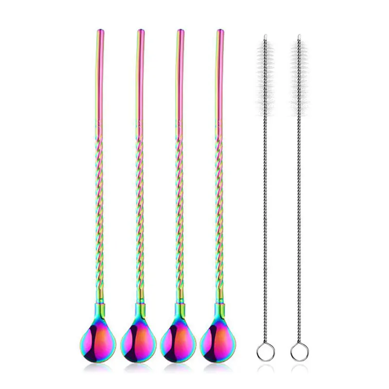 Multicolor 6 шт. из нержавеющей стали с резьбой соломенная ложка многоразовая Питьевая соломенная чайная ложка длинная ручка для размешивания кофе соломенная ложка с кисточкой - Цвет: Multicolor