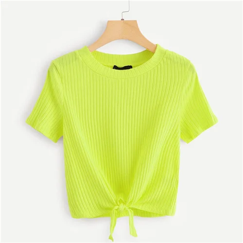 Bright Green SweatyRocks неоновая цветная футболка с узлом спереди, стильная модная эластичная футболка, летняя повседневная женская желтая футболка и топы - Цвет: Bright Green
