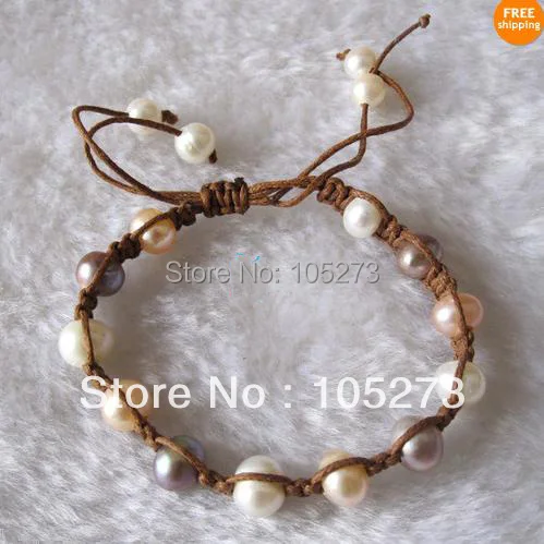 

Lovely Pearl Jewelry 7-9'' AA 8-9MM White Pink Lavender Natural Freshwater Pearl Bracelet Brown Wax Rope Wholesale Free Shipping