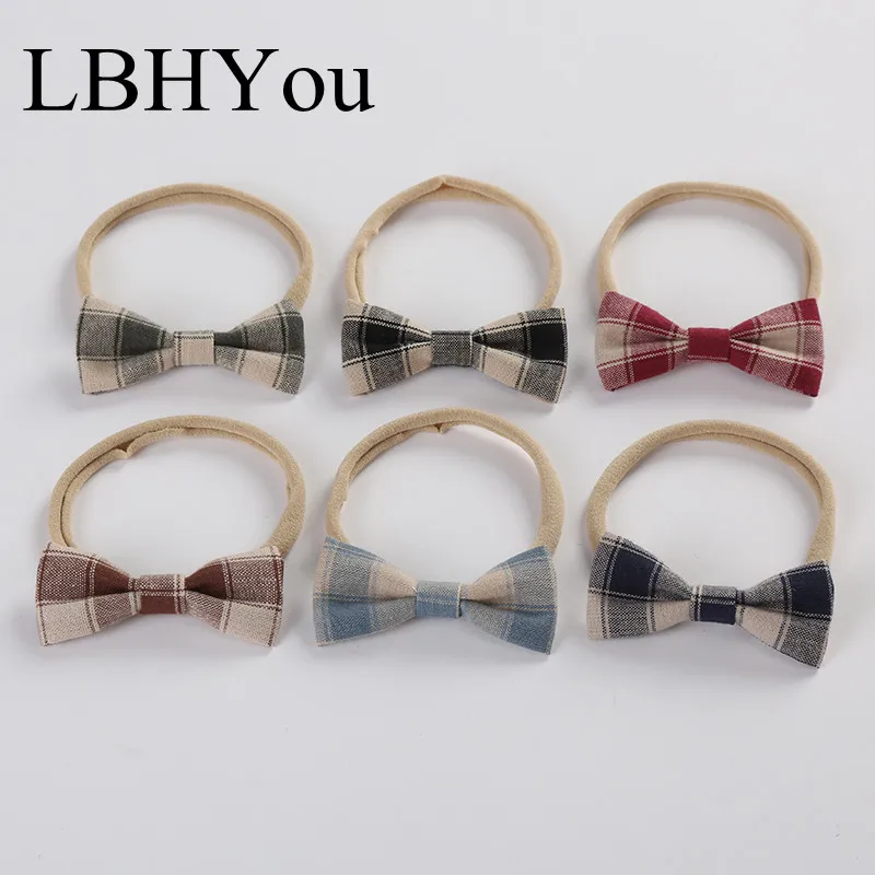 

6pcs/lot Classic Plaid Linen Cotton Bows Nylon Headbands Super Soft Skinny Nylon Hairbands Baby Girls Hand Tie Hair Accessories