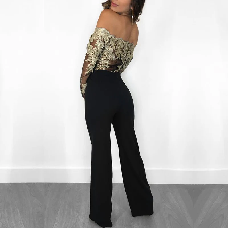 Women Flower Embroidery Off Shoulder Wide Leg Jumpsuit Sexy Bodysuit Lace Patchwork Mesh Party Clothes | Женская одежда