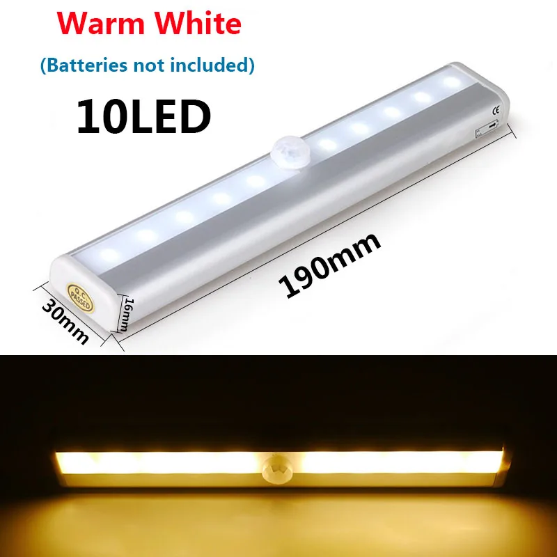 Warm White 10LED Под шкаф свет батарея светодиодный PIR датчик движения лампа 6 светодиодное освещение для шкафа шкаф кухонный ночник - Цвет: Warm White 10LED